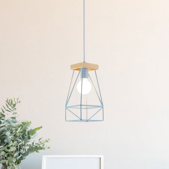 Modern Nordic Pendant Light - Metal Cage Shade, 1 Head Ceiling Fixture in Black/Blue