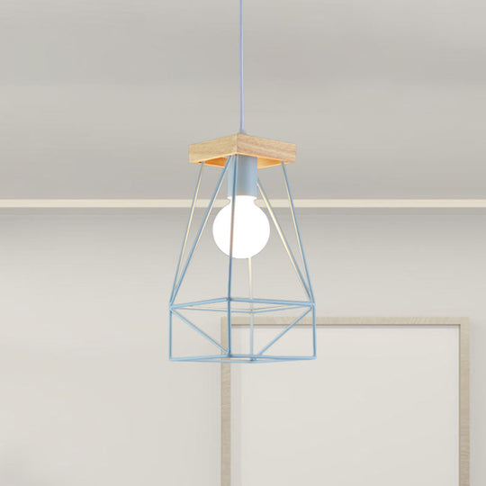 Modern Nordic Pendant Light - Metal Cage Shade, 1 Head Ceiling Fixture in Black/Blue