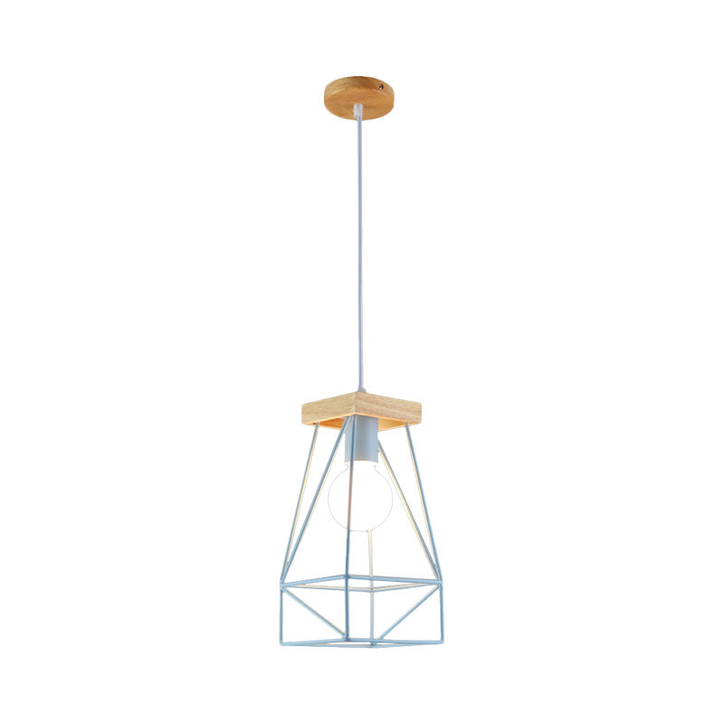 Modern Nordic Pendant Light - Metal Cage Shade, 1 Head Ceiling Fixture in Black/Blue