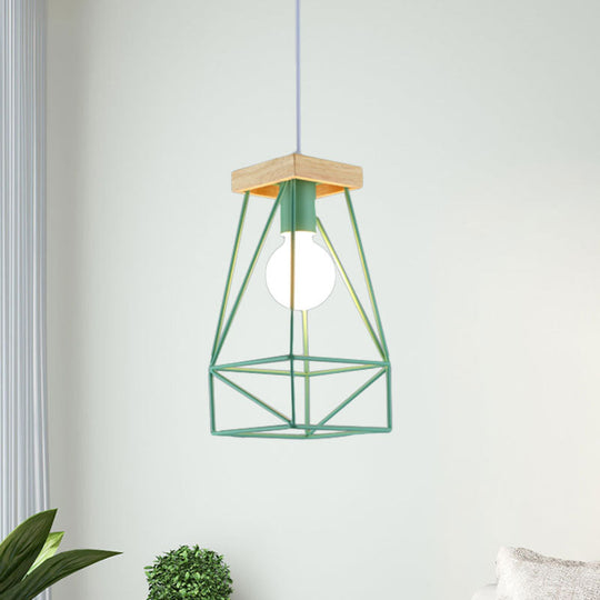 Modern Nordic Metal Cage Shade Pendant Light - Black/Blue Green