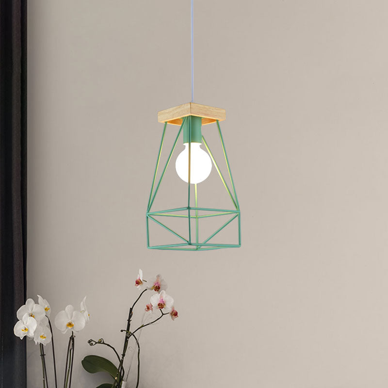 Modern Nordic Pendant Light - Metal Cage Shade, 1 Head Ceiling Fixture in Black/Blue