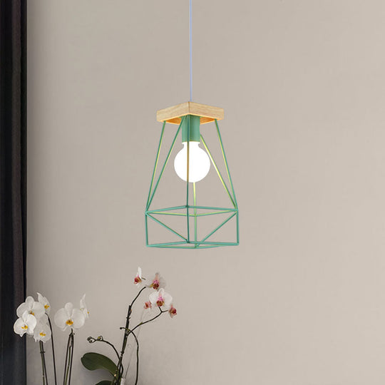 Modern Nordic Pendant Light - Metal Cage Shade, 1 Head Ceiling Fixture in Black/Blue