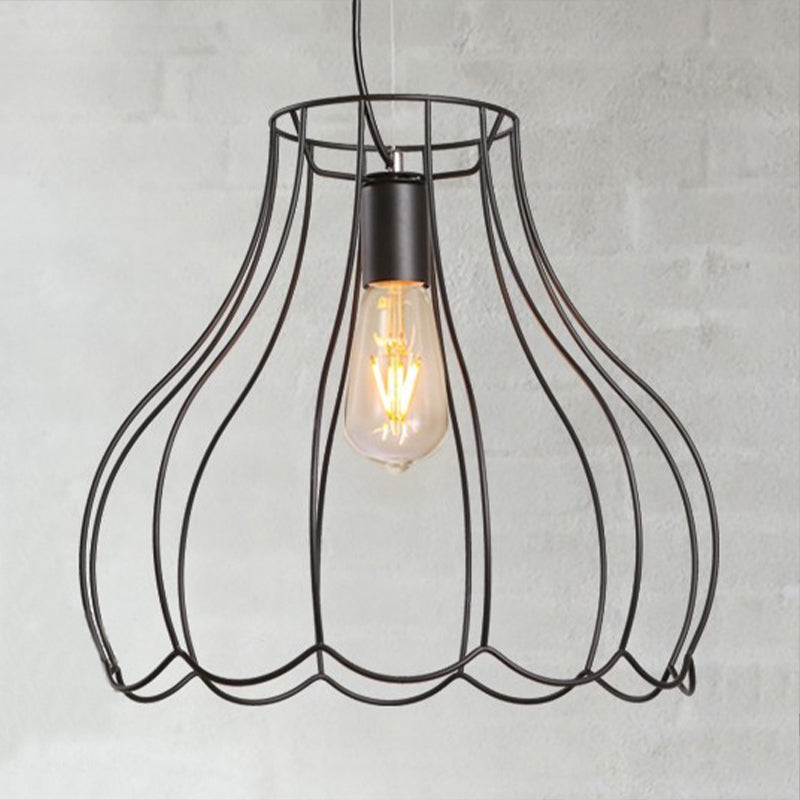 Industrial Black Metallic Pendant Light With Ruffled Edge - 1 Conical Cage 10.5/12.5 Width