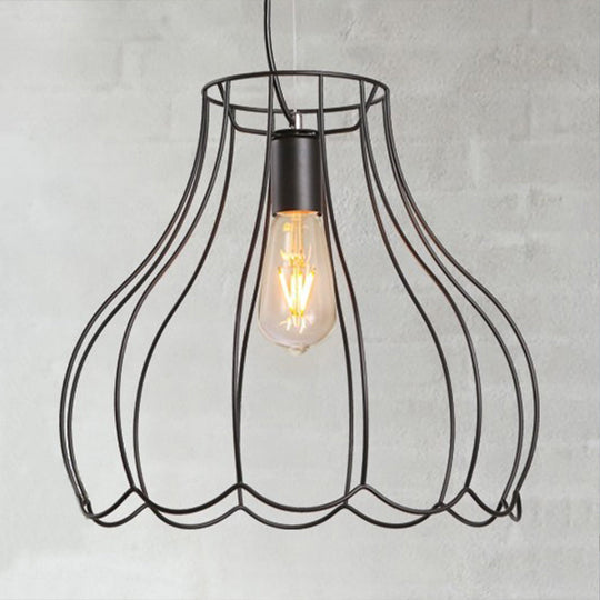 Industrial Black Metallic Pendant Light With Ruffled Edge - 1 Conical Cage 10.5/12.5 Width