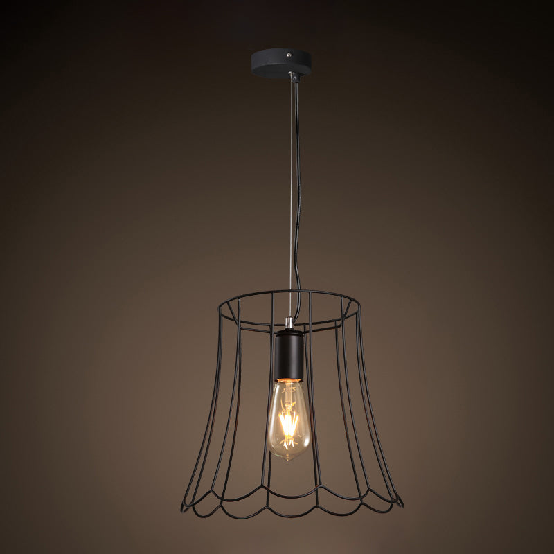 Conical Cage Pendant Light with Ruffled Edge – Industrial Black Metallic - 10.5"/12.5" Width