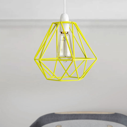 Yellow/White Metal Industrial Loft Pendant Light For Living Room - Wire Frame Hanging Lamp