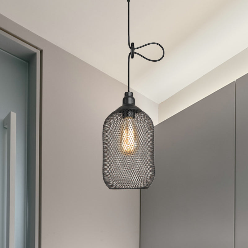 Industrial Wire Mesh Metal Pendant Light - Adjustable Height Black Finish