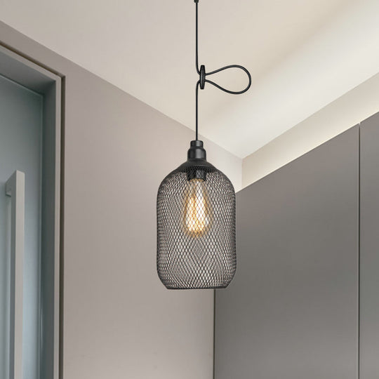 Industrial Wire Mesh Metal Pendant Light - Adjustable Height Black Finish