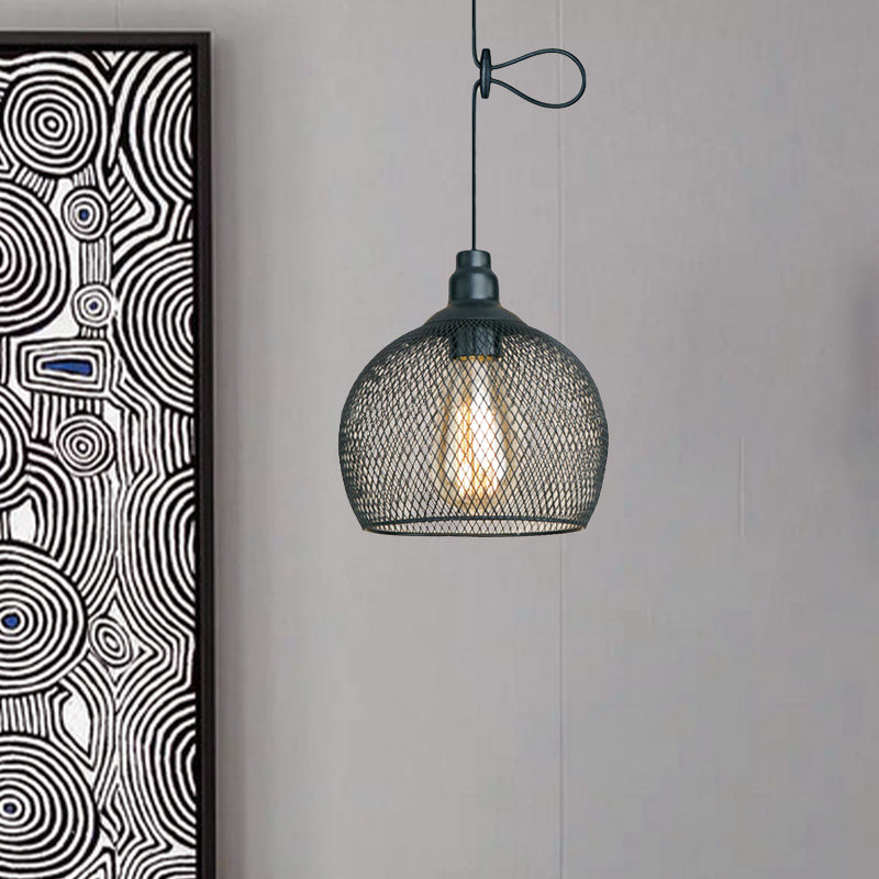 Industrial Black Wire Mesh Pendant Light with Height Adjustable Hanging Lamp for Dining Room