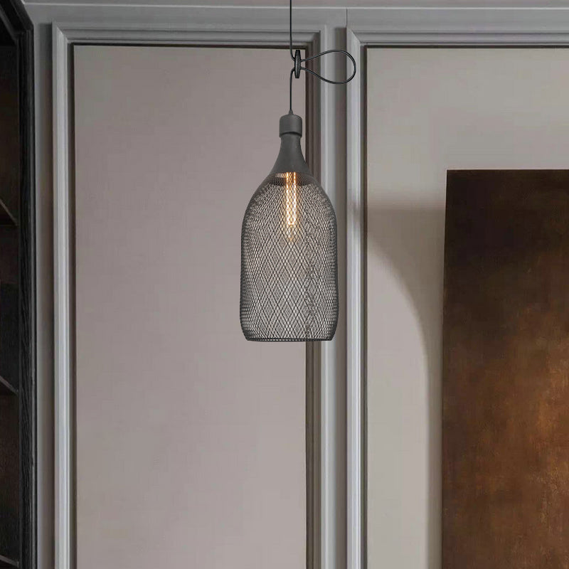 Industrial Wire Mesh Metal Pendant Light - Adjustable Height Black Finish