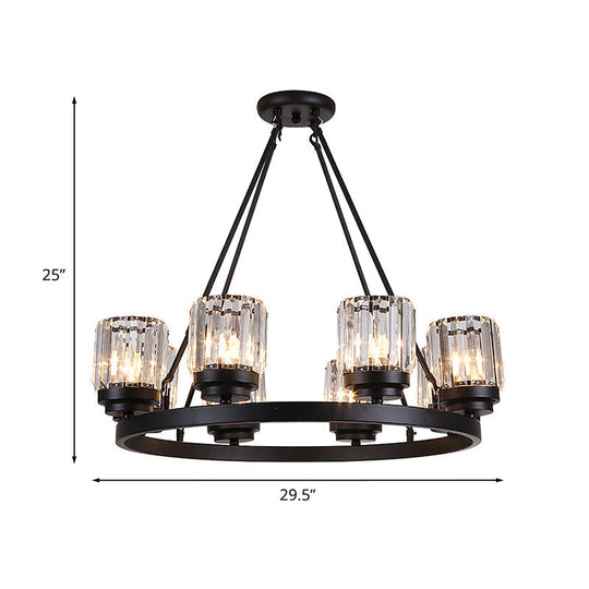 Vintage Black Wagon Wheel Iron Chandelier - 8-Head Pendant With Crystal Shade