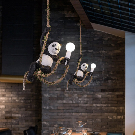 Creative Resin Panda Pendant Light Fixture With Rope Rod Black And White 1-Bulb Hanging Lamp Kit