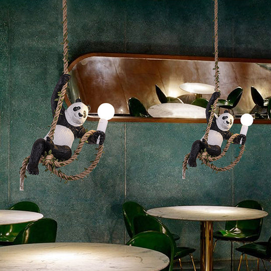 Creative Resin Panda Pendant Light Fixture With Rope Rod Black And White 1-Bulb Hanging Lamp Kit