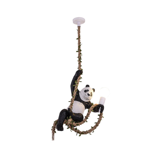 Creative Resin Panda Pendant Light Fixture With Rope Rod Black And White 1-Bulb Hanging Lamp Kit