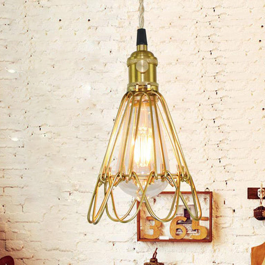 Vintage Brass Wire Frame Pendant Lamp w/ Ruffled Edge - Metallic 1-Light Hanging Light for Living Room