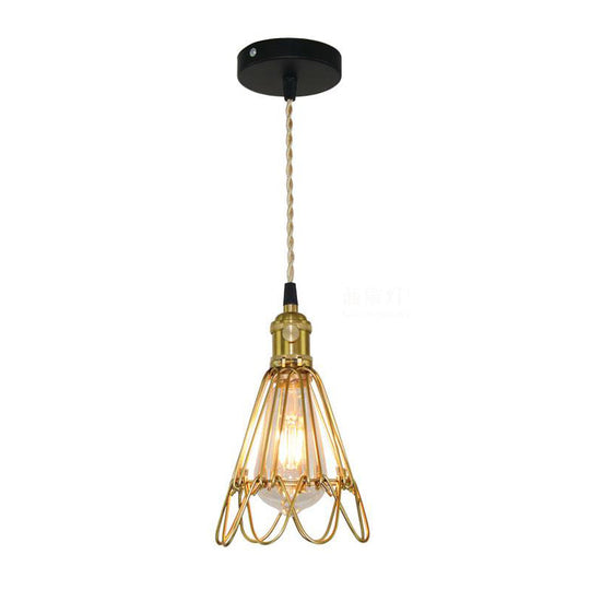 Vintage Brass Wire Frame Pendant Lamp w/ Ruffled Edge - Metallic 1-Light Hanging Light for Living Room