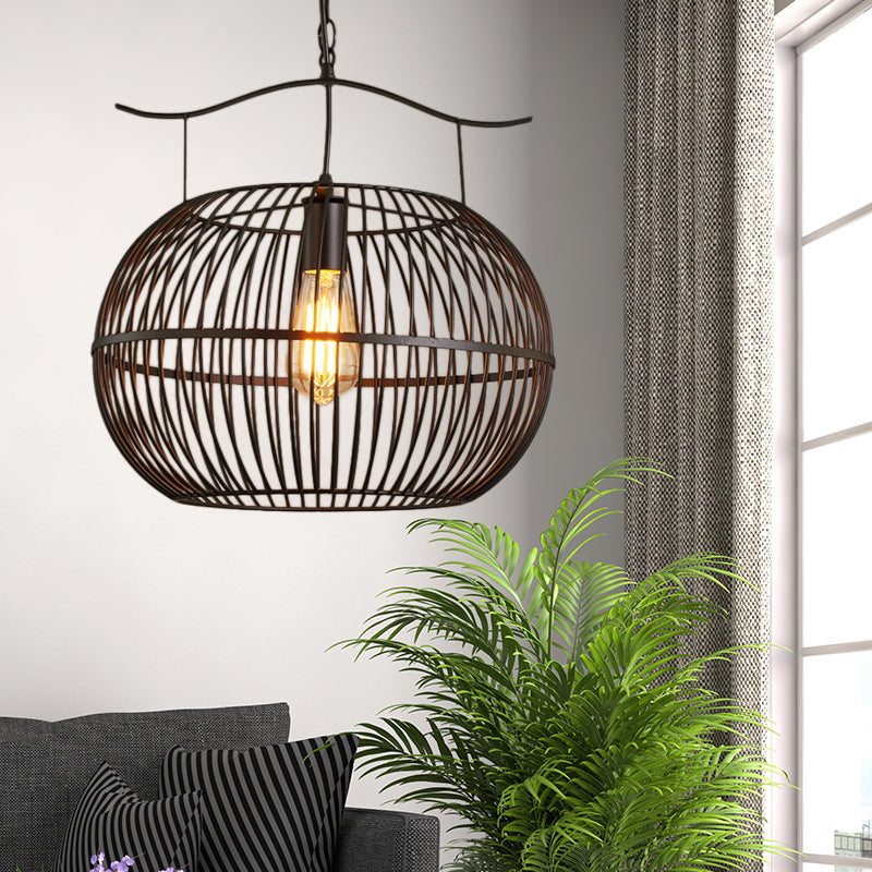 Industrial Style Wire Cage Ceiling Light With Round Shade - Black Metal Pendant Lighting For Living