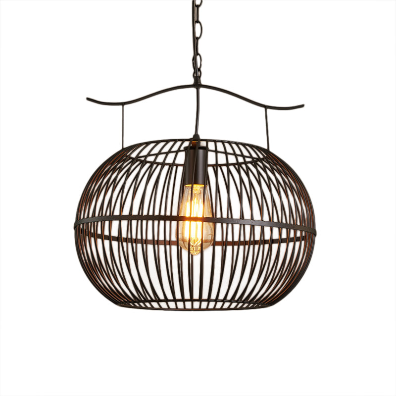Industrial Style Black Metal Pendant Ceiling Light with Wire Cage, Round Shade, and Chain - Perfect for Living Room