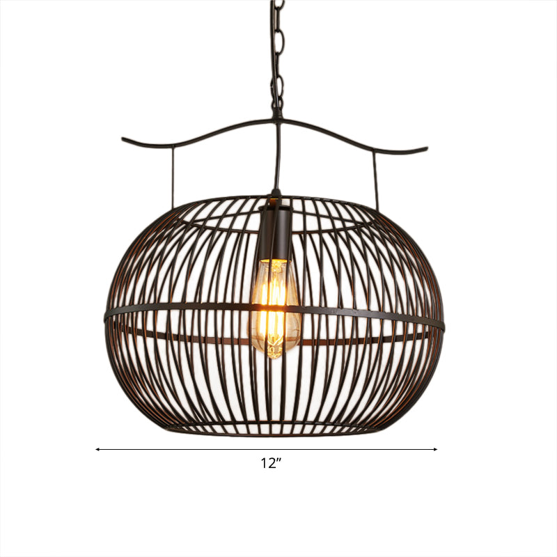Industrial Style Black Metal Pendant Ceiling Light with Wire Cage, Round Shade, and Chain - Perfect for Living Room