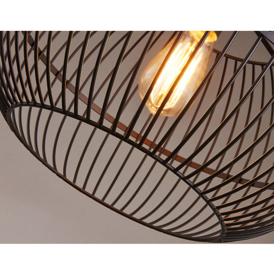 Industrial Style Black Metal Pendant Ceiling Light with Wire Cage, Round Shade, and Chain - Perfect for Living Room