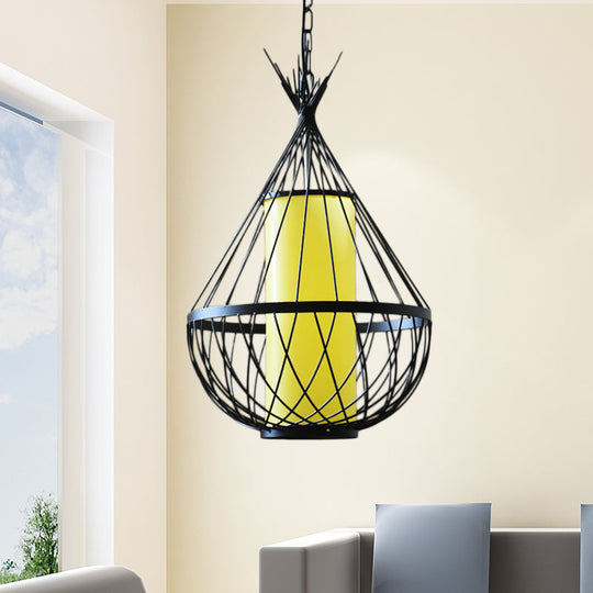 Vintage Style Water Drop Pendant Light with Black Metal Frame and Chain