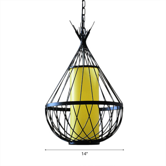 Vintage Style Black Metal Water Drop Pendant Light With Wire Frame And Chain