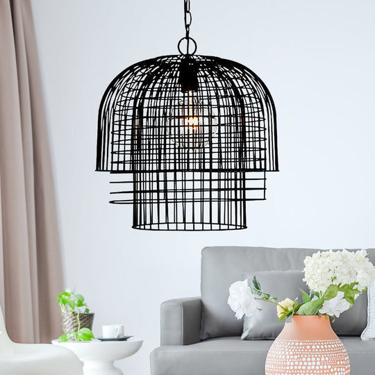 Black Finish Wrought Iron Pendant Lamp with Caged Head and Chain