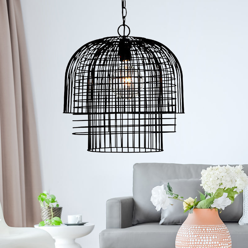 Black Industrial Caged Pendant Lamp - 1 Head Wrought Iron Ceiling Light + Chain