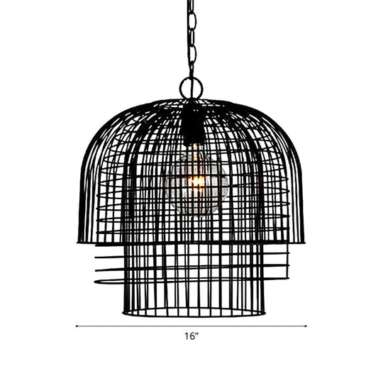 Black Industrial Caged Pendant Lamp - 1 Head Wrought Iron Ceiling Light + Chain