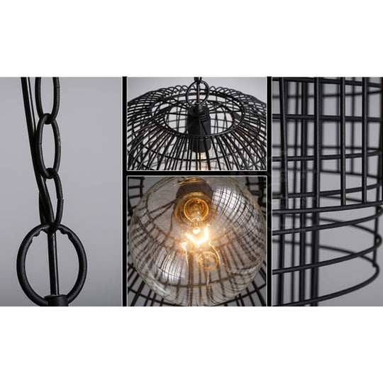 Black Industrial Caged Pendant Lamp - 1 Head Wrought Iron Ceiling Light + Chain