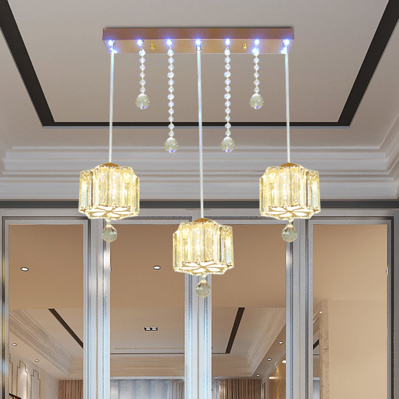 Contemporary Gold Blossom Multi Pendant Light Fixture With Crystal Faceted Bulbs And Linear Canopy