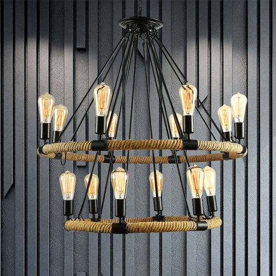 Rustic Rope Ring Chandelier - Lodge Style Pendant Light with Adjustable Chain, 6/8 Heads, Black