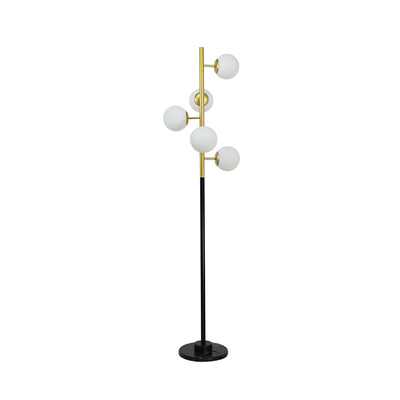 Modern Black-Gold Tree Floor Lamp With 5-Bulb Metal Stand And Beige/Milk White Glass Shade