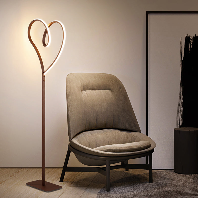 Modern Led Metal Floor Reading Lamp With Heart-Shaped Stand Coffee Finish / Warm