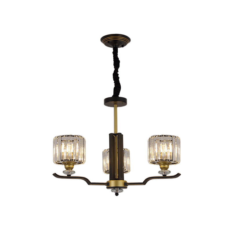 Modern Hanging Crystal Block Chandelier with Black & Gold Accents - 3/6 Heads Pendant Light