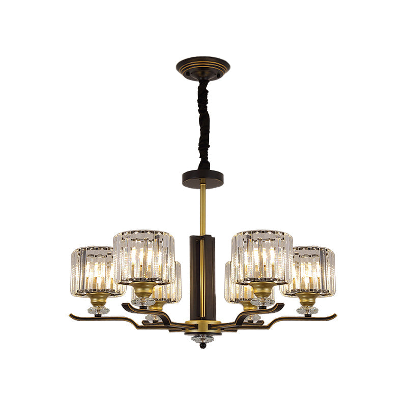 Modern Hanging Crystal Block Chandelier with Black & Gold Accents - 3/6 Heads Pendant Light