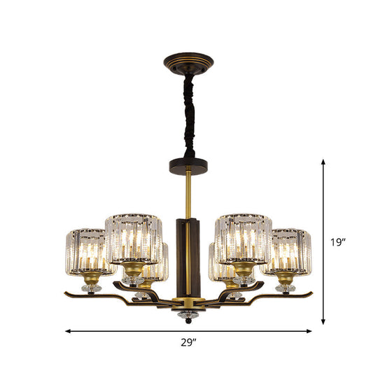 Modern Crystal Block Cylinder Pendant Chandelier - Black & Gold 3/6 Heads