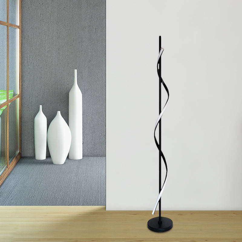 Modern Swirly Led Floor Lamp In Black With Adjustable Light Colors For Bedroom Reading / Natural