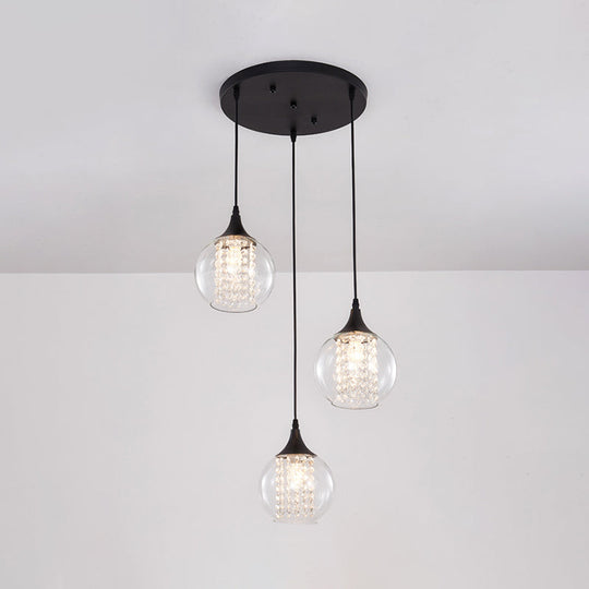Plafonnier Globe Multi élégant avec verre transparent, 3 ampoules, finition noire - Lampe suspendue de salle à manger moderne