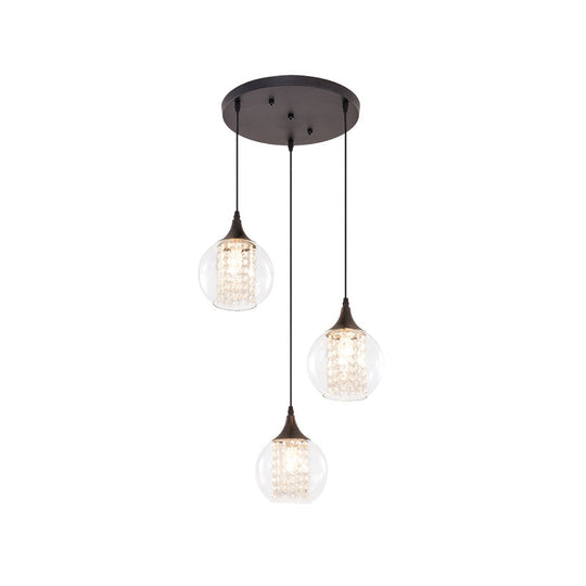 Plafonnier Globe Multi élégant avec verre transparent, 3 ampoules, finition noire - Lampe suspendue de salle à manger moderne