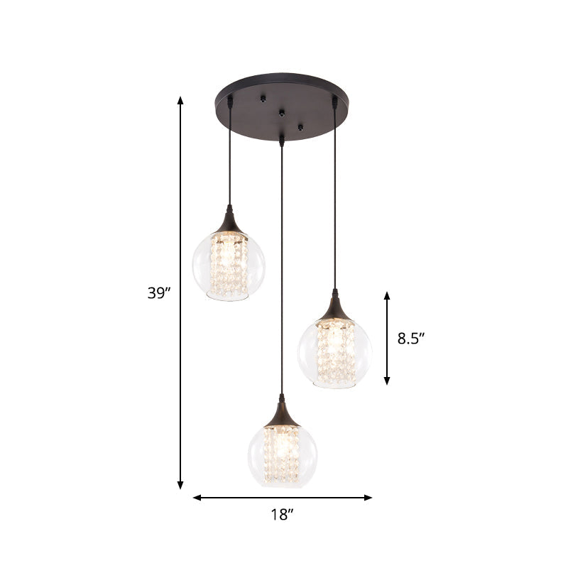 Plafonnier Globe Multi élégant avec verre transparent, 3 ampoules, finition noire - Lampe suspendue de salle à manger moderne