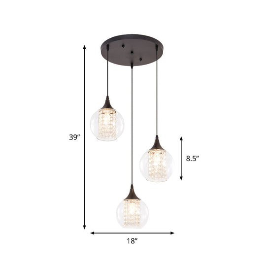 Plafonnier Globe Multi élégant avec verre transparent, 3 ampoules, finition noire - Lampe suspendue de salle à manger moderne