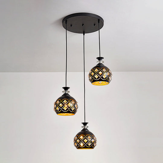 Black Modernist Pendant Light With Metallic Cluster Design - 3 Heads Globe Oval And Waterdrop Shape