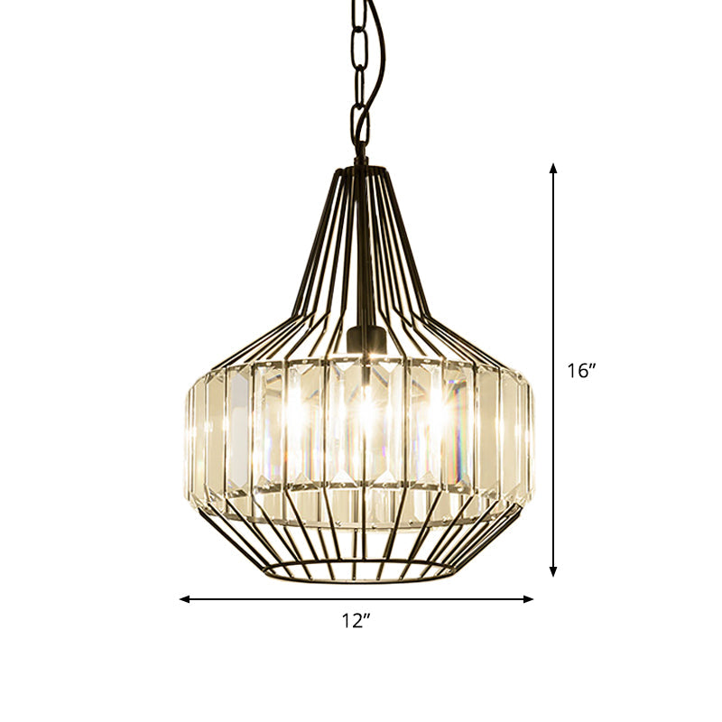 Minimalistic Black Teardrop Pendulum Light with Clear Crystal Rectangle Suspension Lamp