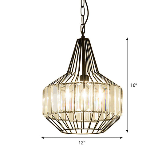 Minimalistic Black Teardrop Pendulum Light with Clear Crystal Rectangle Suspension Lamp