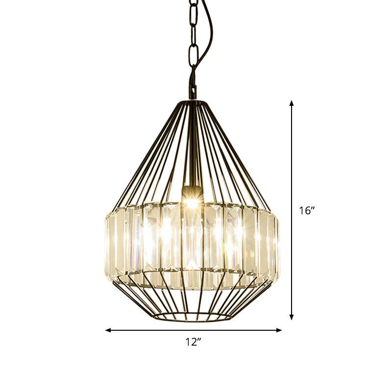 Minimalistic Black Teardrop Pendulum Light with Clear Crystal Rectangle Suspension Lamp