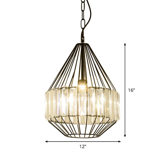 Minimalistic Black Teardrop Pendulum Light with Clear Crystal Rectangle Suspension Lamp