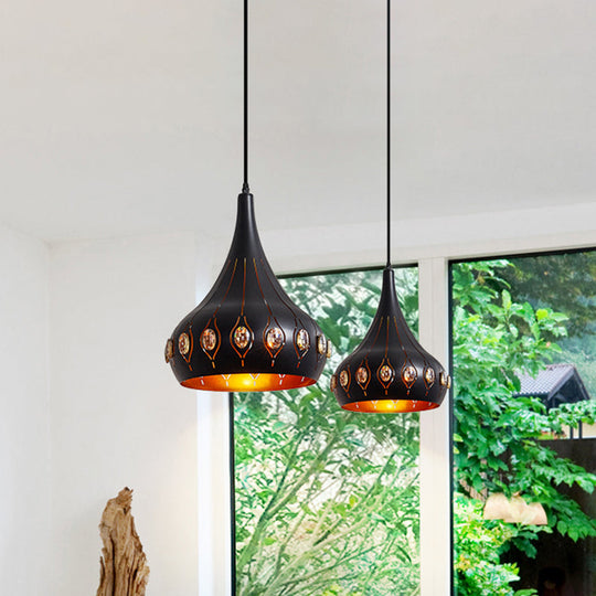 Modern Black Finish Hanging Ceiling Lamp With Onion Metal Shade - 1 Bulb Dining Room Down Lighting