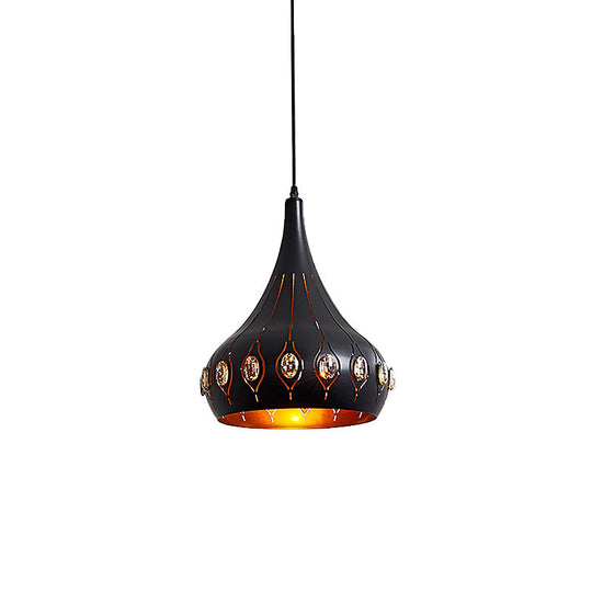 Modern Black Finish Hanging Ceiling Lamp With Onion Metal Shade - 1 Bulb Dining Room Down Lighting