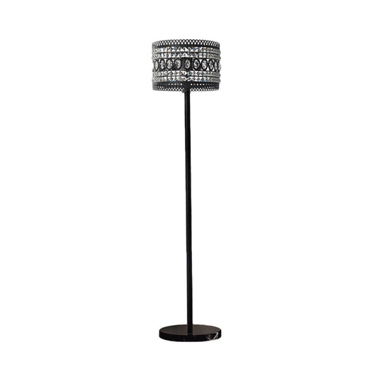 Modern Black Floor Lamp With Crystal-Encrusted Shade - 1 Bulb Living Room Stand Light